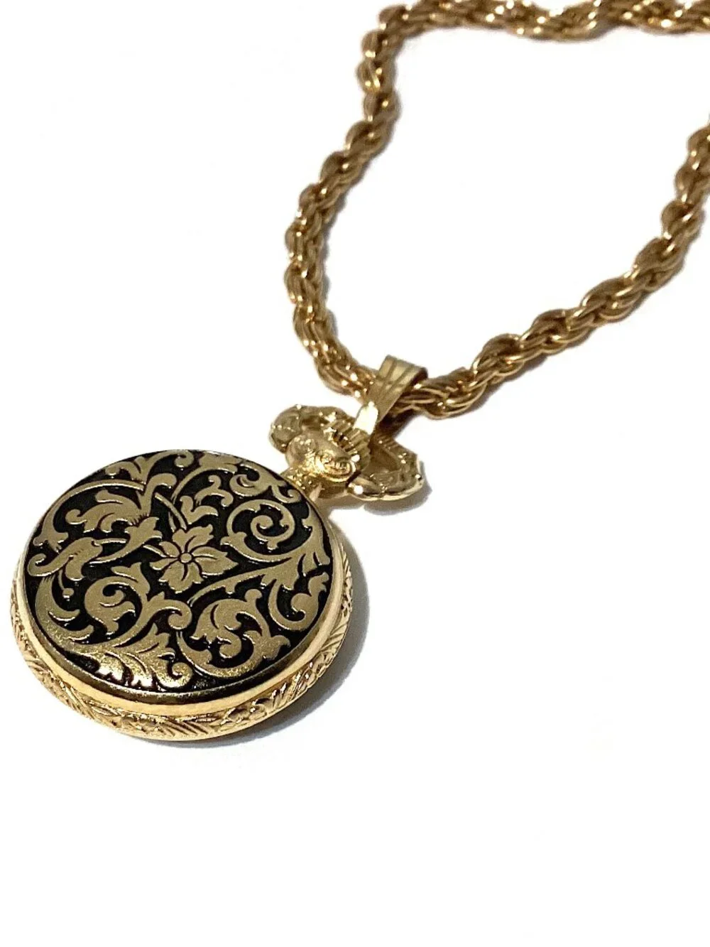 Vintage Pocket Watch, Unique Long Chain Gold Tone, WORKS! Victorian Retro